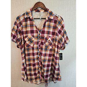 Womens Plus Size Plaid Button-Up Shirt Lace Back Size 2X‎ Pockets